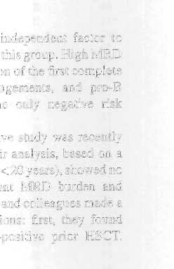 Results. tn 25 f 36 patients, MRD level prir HSCT was assessed. Seventeen patients were classified as MRD-negati ve and eight were MRD-psitive up t 9 x 10 1.