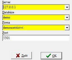 lokálním počítači. V případě síťové verze by byla uvedena adresa serveru, na kterém běží SQL server a databáze, např. 192.168.1.1:5501 apod. Pozn.