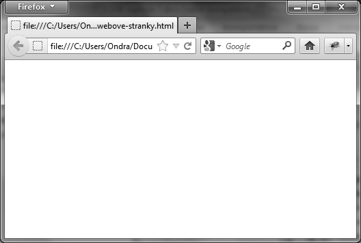 Kapitola 3 Základní kostra webové stránky Tato stránka HTML totiž nemá žádný obsah uvnitř elementu body (viz obrázek 3.1). Obrázek 3.1. Zobrazení minimální kostry dokumentu HTML ve webovém prohlížeči Firefox.