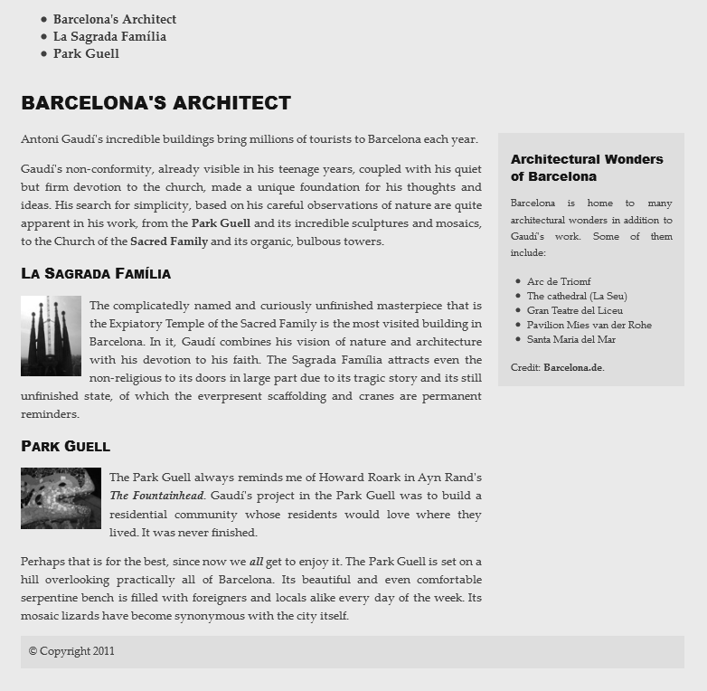 Kapitola 3 <aside role= complementary > <h1>architektonické skvosty Barcelony</h1> [zbytek postranního panelu] </aside> Vytváříme obecné obalující elementy Obrázek 3.16.