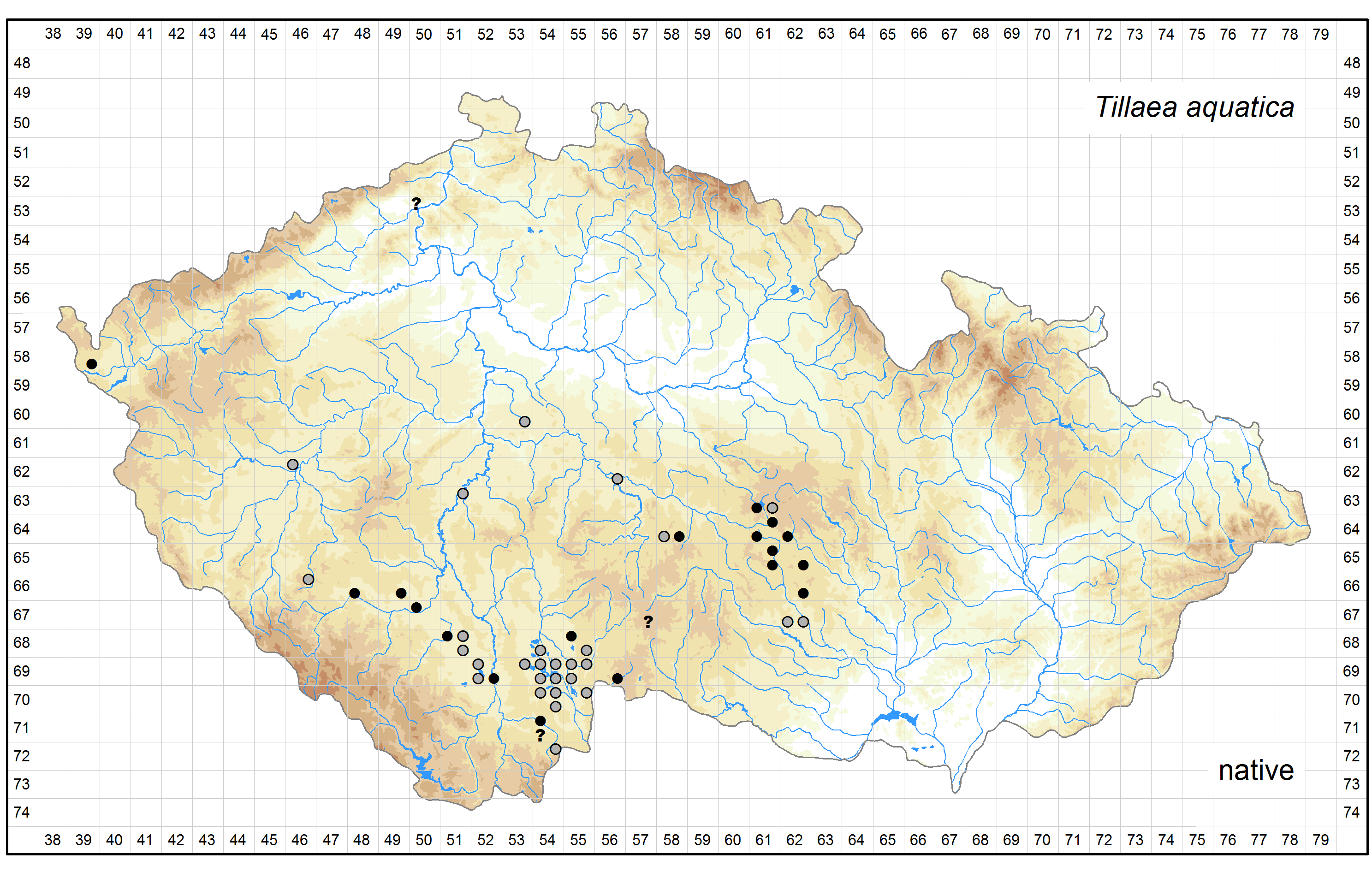 Distribution of Tillaea aquatica in the Czech Republic Author of the map: Michal Ducháček, Jan Prančl, Kateřina Šumberová Map produced on: 14-05-2016 Database records used for producing the