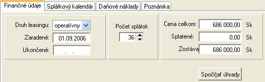 9. Majetok 307 0 Počet splátok - celkový počet splátok, vrátane akontácie. 0 Cena celkom - automaticky sa doplní po vytvorení splátkového kalendára.