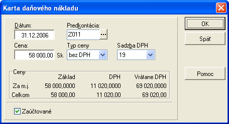 9. Majetok 309 0 Predkontácia - kliknutím na tri bodky sa otvorí zoznam Predkontácií. 0 Celé obdobie od ( do) - dátum pre daňové náklady.