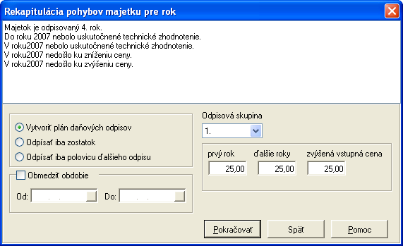Implicitne sa ponúka skupina, ktorá je zadaná v Karte majetku. Ak zmeníte odpisovú skupinu, zmení sa aj na Karte majetku a program automaticky použije správne koeficienty a sadzby.