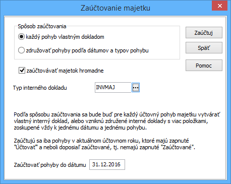 Aby sme vytvorené pohyby zaúčtovali do účtovníctva, tak na karte Réžia / Majetok to vykonáme tlačidlom Zaúčtovanie majetku.