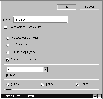 Obrázek 2: Instalace "Vlastního" (Custom) herního modulu (game pad) 6. Zadejte všechna data, která vidíte na Obrázku 2. 7. Poklepejte myší na "OK". Navrátíte se zpět do okna "Herní ovladače".