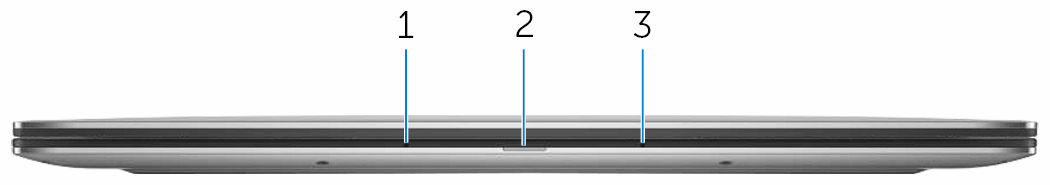 Pohledy Vpředu 1 Levý mikrofon Poskytuje digitální zvukový vstup pro záznam zvuku a hlasová volání. 2 Indikátor stavu napájení a baterie Ukazuje stav nabití baterie.