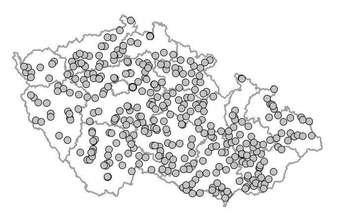 6. PŘÍLOHA Obr. I. Přehled pozorovacích bodů v rámci průzkumu výskytu a rozšíření plevelů v České republice. Seznam map výskytu vybraných plevelů (obr. II XII) Obr. II, str.