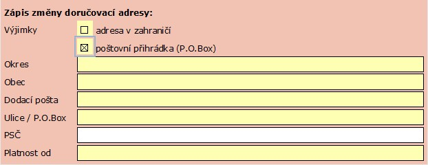 2.6.3. Změna doručovací adresy v zahraničí Má-li být změněna doručovací adresa v zahraničí, zaškrtněte políčko Adresa v zahraničí. Pak specifikujte ulici, obec, PSČ (Post Code) a stát.