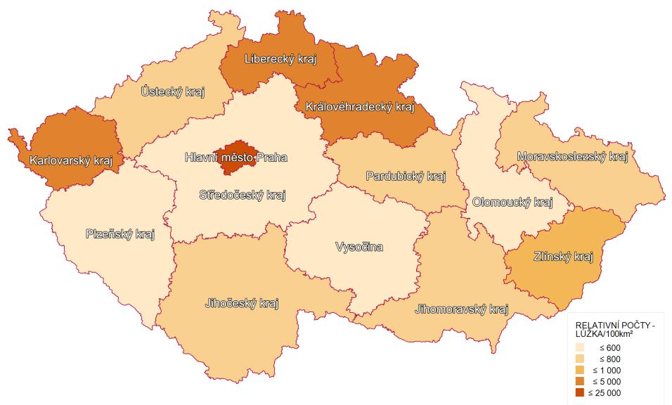 REGIONÁLNÍ STRUKTURA LŮŽEK (podle krajů, relativní počty na 100 km²) Území lůžka na 100 km² ČR 865 Hlavní město Praha 20 477 Liberecký kraj 1 870 Královéhradecký kraj 1 232 Karlovarský kraj 1 160