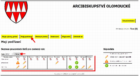 2. Moji podřízení - po kliknutí na tlačítko se zobrazí seznam pracovních listů pro zvolený rok. Pokud chcete zobrazit jiný rok, stačí jej napsat a kliknout na tlačítko Zobraz. Tabulka výkazů a.