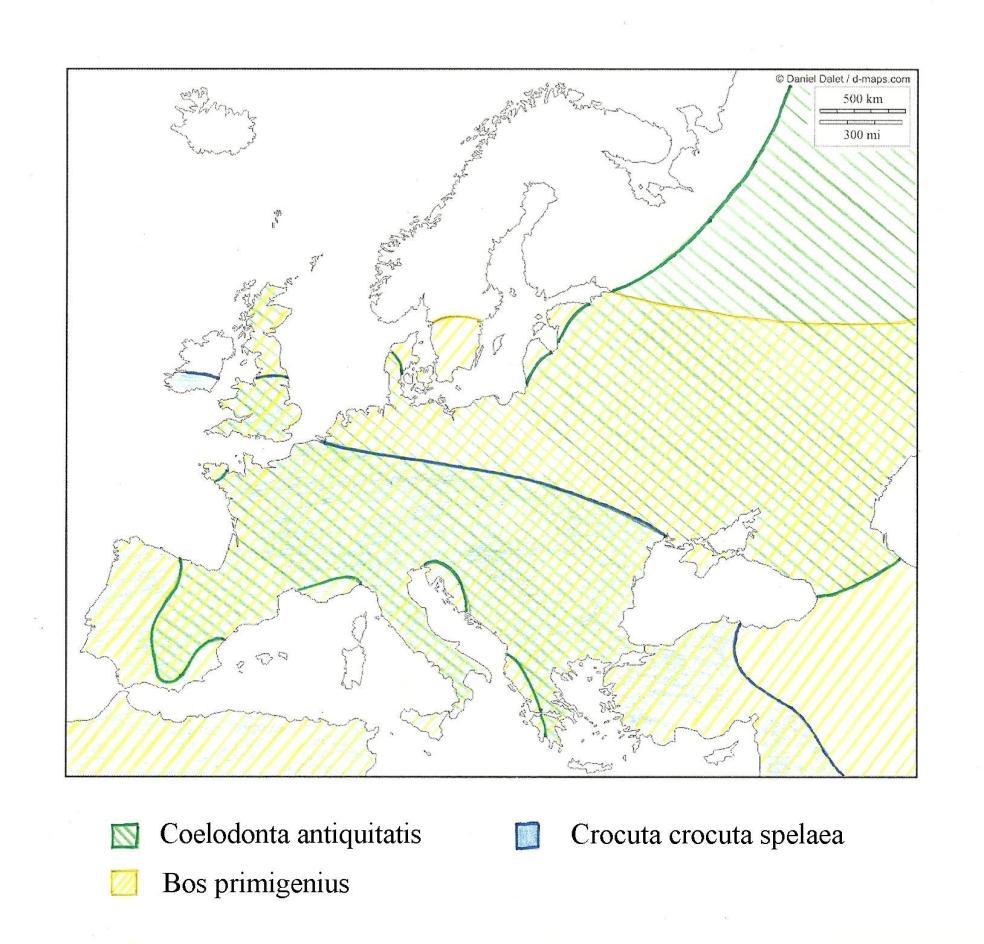 Obr. 2a: Rozšíření vybraných pozdněpleistocenních savců v Evropě (upraveno podle van der Made a Tong, 2008; Sher et al., 2011; Varela et al., 2010; IZ4; IZ5; IZ6) Obr.