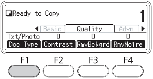 Změny v nastavení parametrů kopírování Změna kvality kopie 1. 2. Stiskněte tlačítko Copy. Několikerým stisknutím tlačítek nebo vyberte kartu Quality a stiskněte tlačítko F1. 3.
