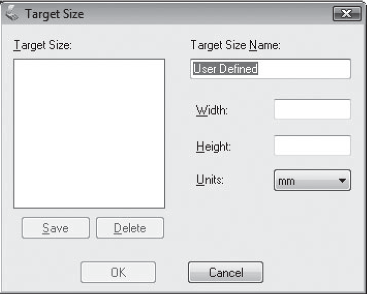2. Potřebujete-li vytvořit velikost obrázku, která není uvedena v seznamu Target Size, vytvořte vlastní velikost. Kliknutím na šipku otevřete seznam a vyberte Customize. Otevře se okno Target Size. 3.