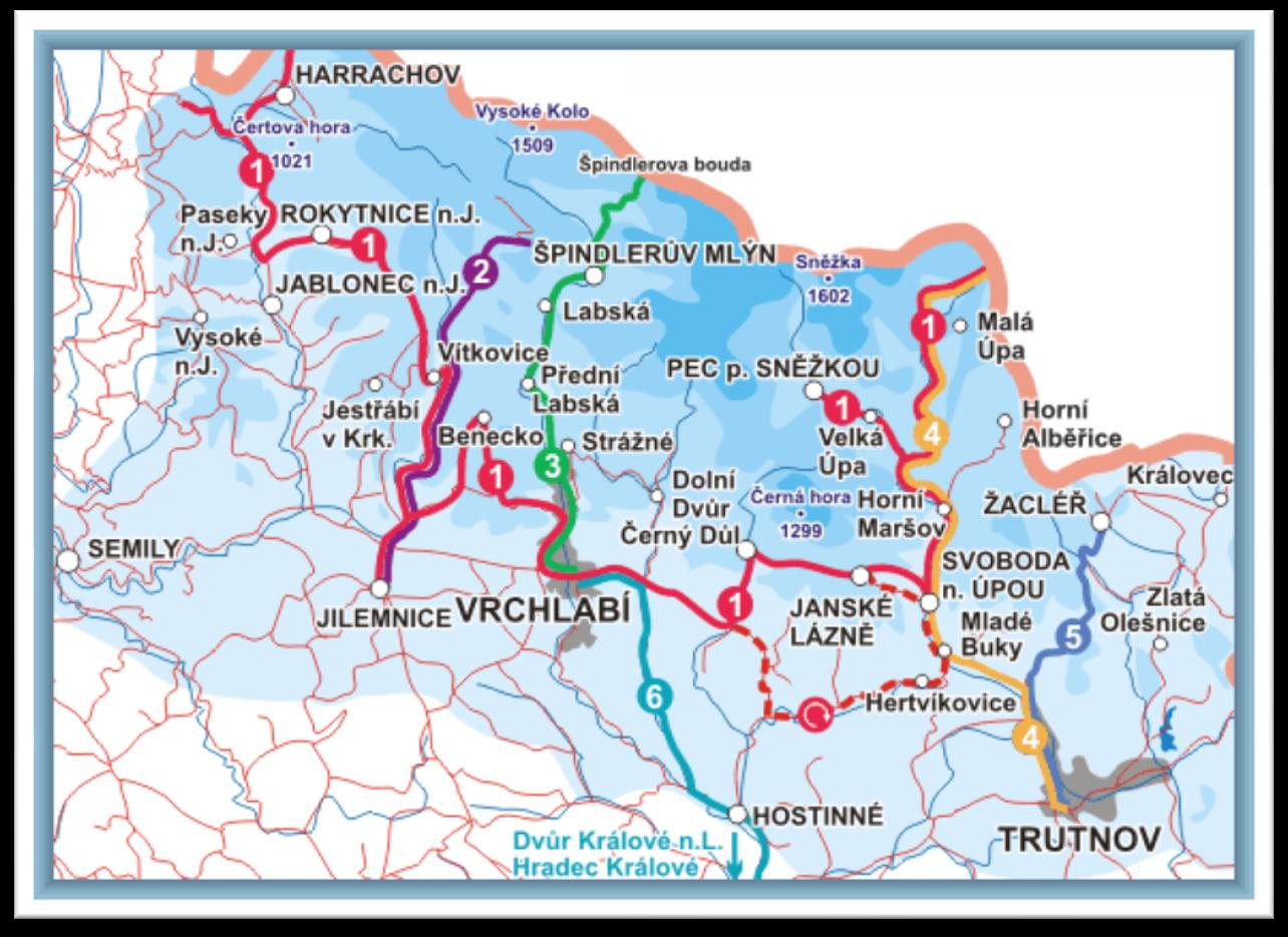 Mapa 2: Trasy krkonošských cyklobusů 11 Lyžařská a zimní turistika Díky příznivým fyzicko-geografickým a klimatickým podmínkám jsou Krkonoše považovány za ráj zimní turistiky.