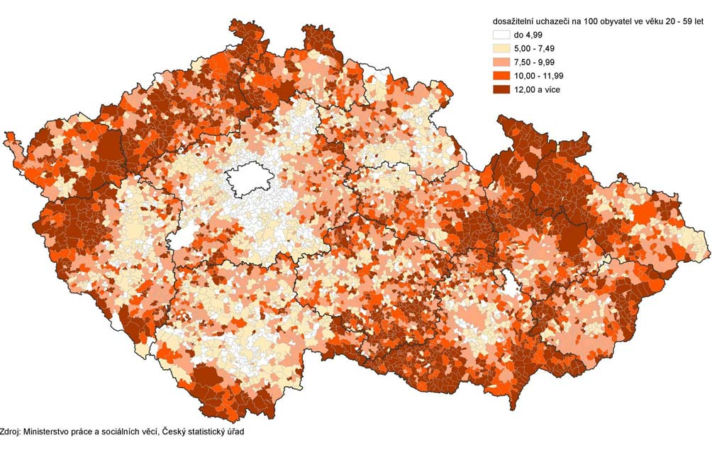 Kartogram č. 6 Míra nezaměstnanosti podle obcí k 31. 12.