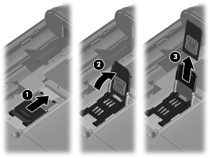 9. Posuňte zásuvku karty SIM (1) doprava, čímž ji uvolníte, zvedněte levou stranu posuvné zásuvky na karty směrem nahoru a doprava (2) a poté vyměňte kartu SIM (3). 10.