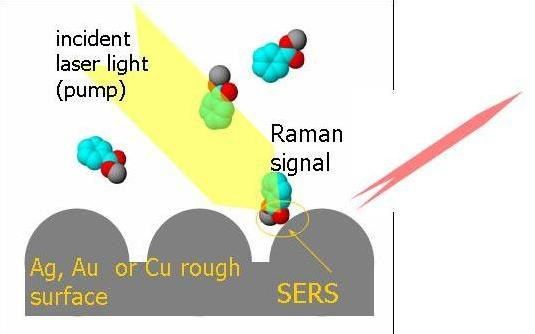 SERS Elektromagnetický mechanismus vybuzení lokalizovaného povrchového plasmonu (plasmon-polaritonu) zesílení závisí na morfologii povrchu hrubý,