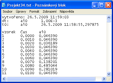 49 Na obrázku 6.7 je průběh napětí při zapnutí generátoru TESLA BK 124. Maximální naměřená hodnota překmitu je 9,46V. Na obrázku 6.8 je část textového souboru vytvořeného obslužným programem.