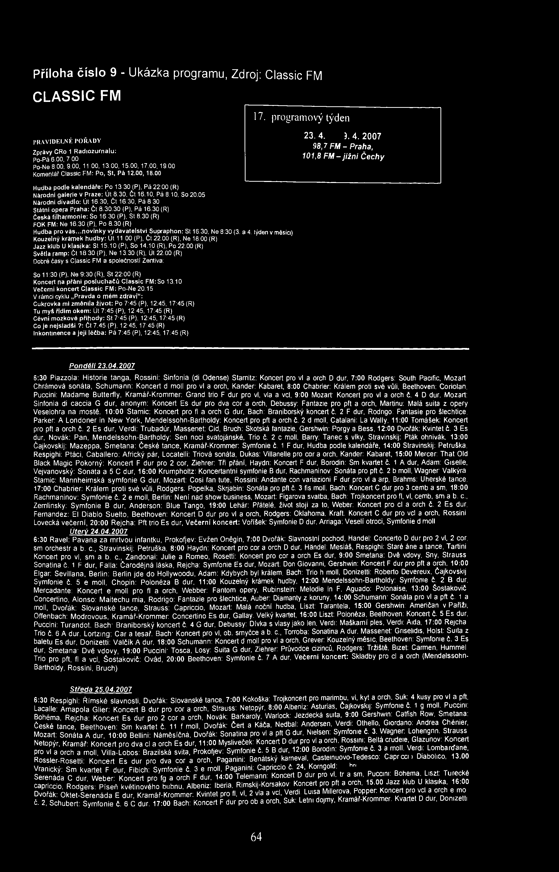 Příloha číslo 9 - Ukázka programu, Zdroj: Classic FM CLASSIC FM 17. programový týden PRAVIDELNÉ POŘADY * «_». 4. 2007 98,7 FM - Praha, Zprávy CRo 1 Radiozurnalu:.