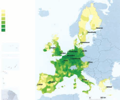 Mapa 12: Dostupnost Obyvatelstvo v EU s dostupnostì bïhem t Ì hodin cesty prost ednictvìm kombinovanè dopravy (silniënì, ûelezniënì, leteckè) v roce 1996 - NUTS 3.