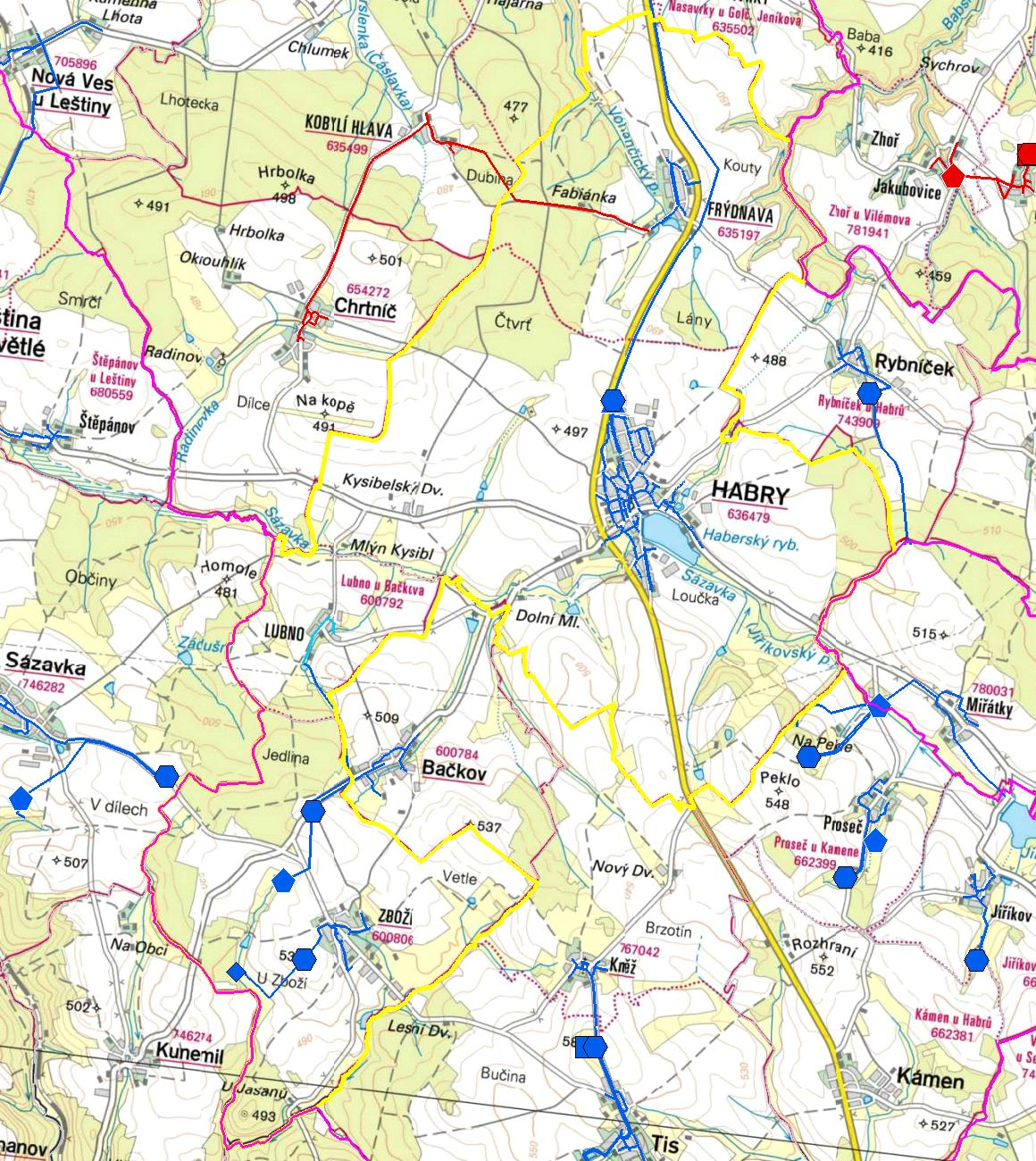 MAPA - VODOVODY Trasování sítí, lokalizace vodojemů, zdrojů, čerpacích stanic, ATS, ÚV Vodovodní řady Vodojem zemní