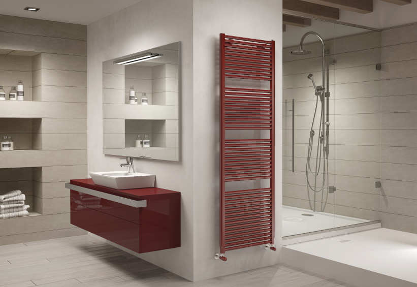 Technická specifikace: steel towel warmer radiator with horizontal elements featuring round tubes 25 mm diameter side manifolds with semi-oval section 40x30 mm manifold threading and central