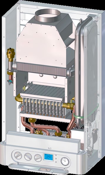 KOTLE THERM s průtokovým ohřevem teplé vody NOVINKA SESTAVA KOTLE 1 - Přerušovač tahu spalin 2 - Spalovací komora 3 - Nízkonoxový hořák 4 - Odvzdušňovací ventil 5 - Oběhové čerpadlo 6 - Deskový