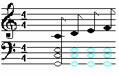 Obr. 30: zobrazení harmonie v horní osnově Obr. 31: zobrazení harmonie v dolní osnově Poznámka: v horní osnově obsahující houslový a basový klíč je zobrazen standardní notový zápis.