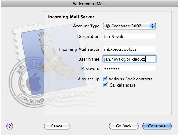 1.2.3 V tomto kroku vyberte jako typ účtu Exchange 2007, jako server příchozí pošty mbx1.eoutlook.cz, dále User Name a Password.