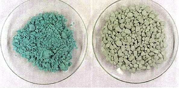 Obrázek 1 Citran měďnatý a 2% citran měďnatý s granulovaným bentonitem (www.proneco.cz) Chemický vzorec citranu měďnatého je Cu 2 C 6 H 4 O 7 x 2,5 H 2 O a v jednom jeho gramu je cca 350mg mědi.
