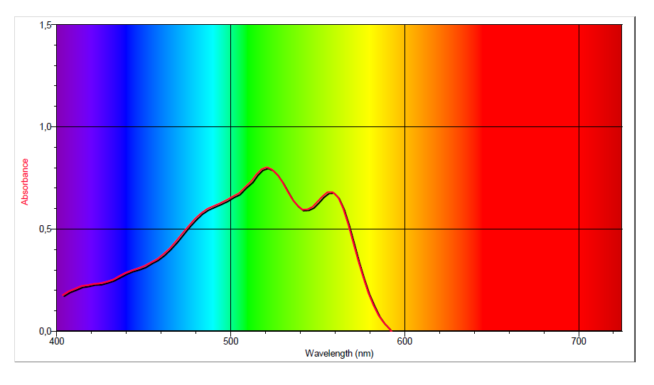 Na obrázku je zachyceno spektrum roztoku potravinářského barviva. Spektrum nám ukazuje, kolik jaké vlnové délky bylo pohlceno roztokem.