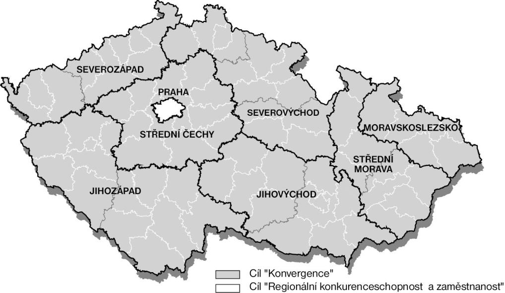 Obrázek 1: Zařazení regionů NUTS II do cílů EU (2007-2013) Zdroj: ÚRM, MMR, Eurostat 1.