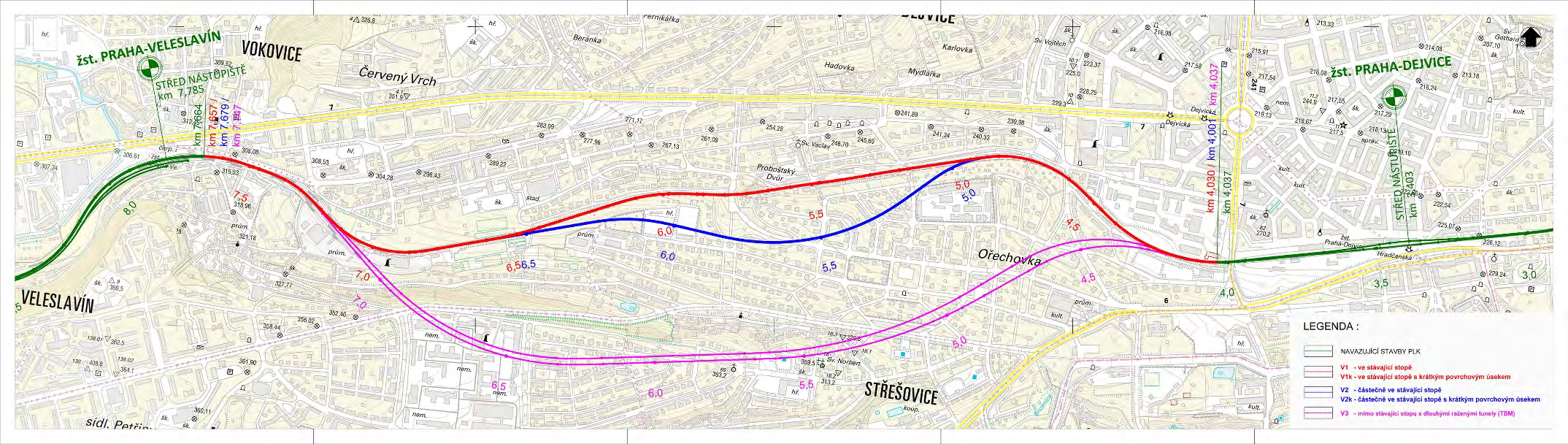 TES PODZEMNÍHO VEDENÍ TRATI PRAHA-DEJVICE PRAHA-VELESLAVÍN PŘEHLED VARIANT V1, ve stávající stopě