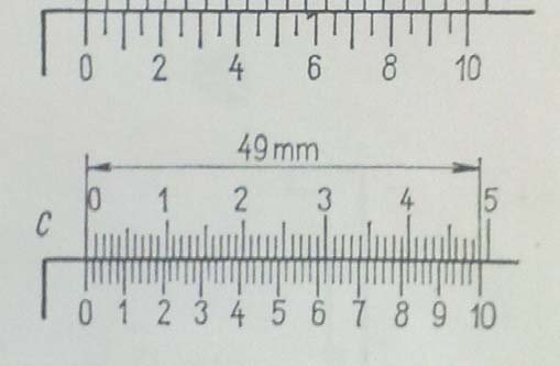 Přesnost čtení 0,02 mm vznikne, když se 49 milimetrů na pevném (hlavním) měřítku rozdělí na 50 dílků nonia.