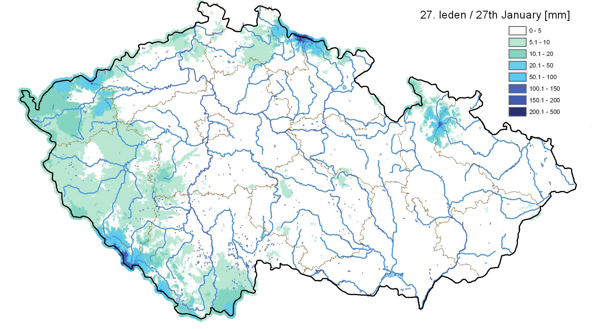 HYDROLOGICKÁ ROČENKA ČESKÉ REPUBLIKY 214 Mapa I.2 Největší zásoba vody ve sněhové pokrývce na území České republiky v roce 214. Map I.