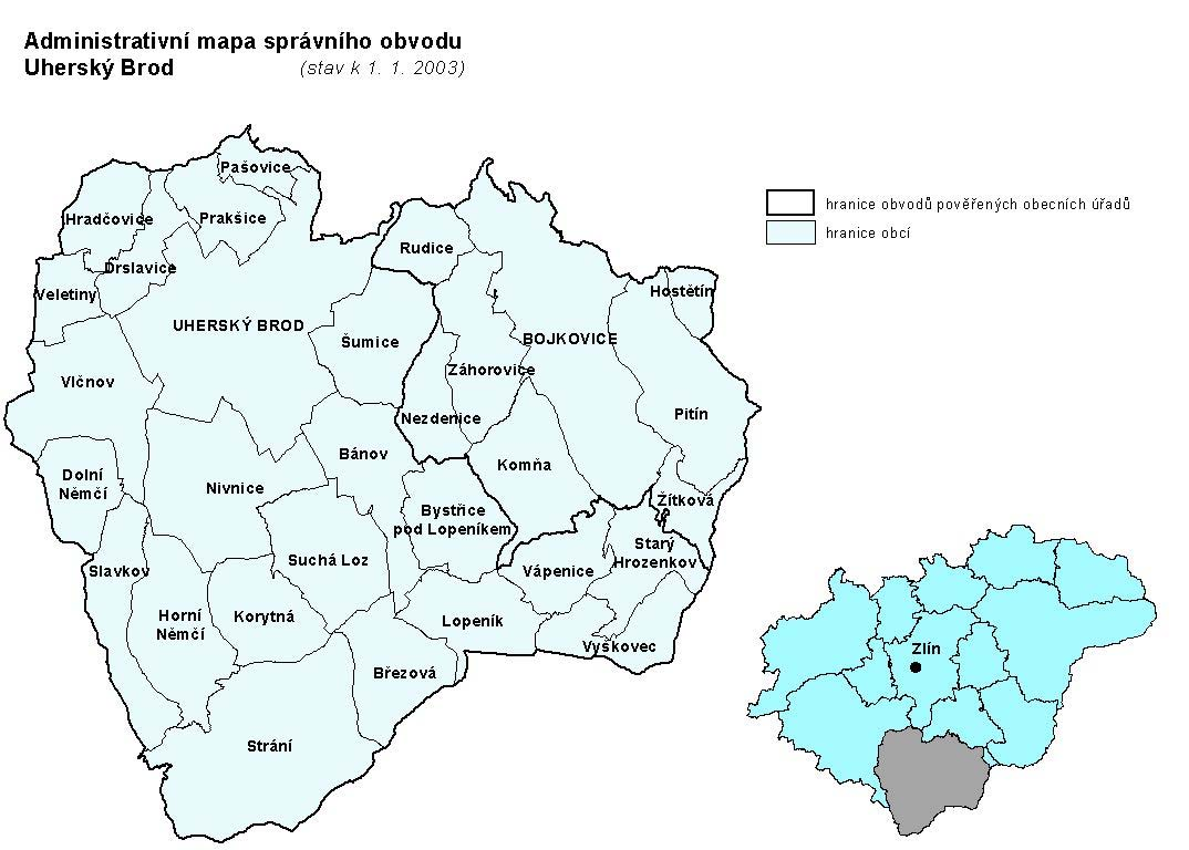 Nejnižší městského obyvatelstva v kraji má správní obvod Uherský Brod. Spravuje 30 obcí, z toho ve dvou městech žije 41,2 % obyvatel.