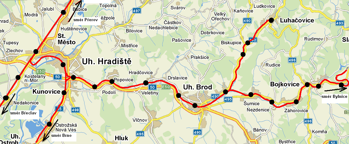 (v grafikonu 2007/2008 byla výchozí a cílovou stanicí těchto rychlíků i stanice Veselí nad Moravou, dnes již všechny páry jezdí z a do Luhačovic).