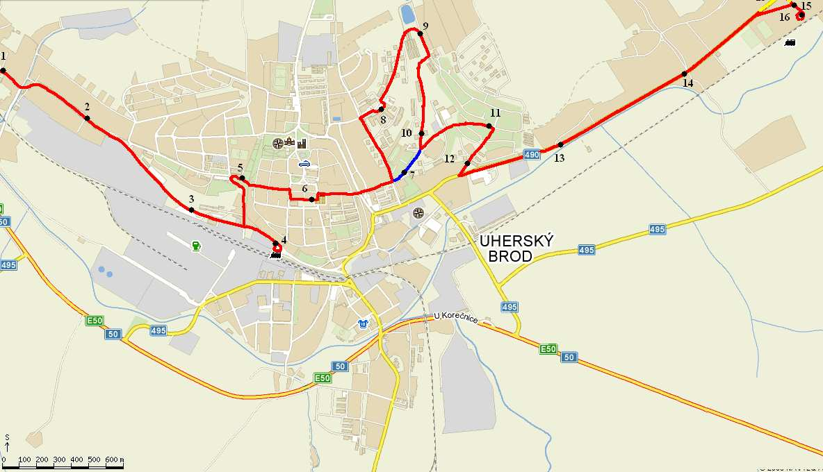 trasování spojů na lince je, zda spoj úvraťovým způsobem zajišťuje dopravní obslužnost zastávky Uherský Brod, žel.st. Obr.