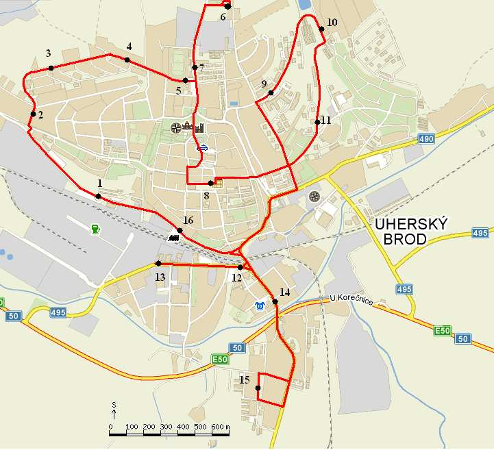 Na linkách jsou obsluhovány následující zastávky: Uherský Brod, aut. nádr.