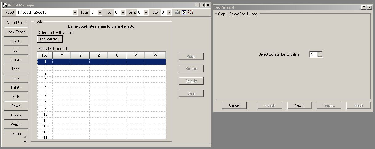 Kalibrace nástroje Pokud bylo během kalibrace pohnuto s koncovým efektorem je nutné přeučit definované nástroje TOOL. > Robot Manager > Tools > Tool Wizard Zvolte číslo nástroje, který chcete přeučit.