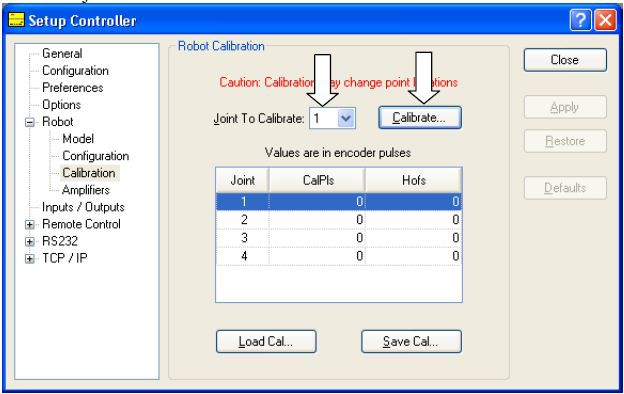 Kalibrace podle kalibračního wizardu RC+7 > Setup > System Configuration > Controller > Robots > Robot 1 > Calibration RC+5 > Setup.