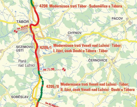 4205 Modernizace trati Veselí nad Lužnicí - Tábor Tato stavba byla opět rozdělena na dvě části: 4205/I Modernizace trati Veselí