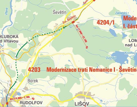 4203 Modernizace trati Nemanice II Ševětín Stavba je ve fázi územního řízení. Momentálně je vlastní řízení přerušeno.