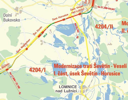 4204 Modernizace trati Ševětín Veselí nad Lužnicí Uvedená stavba byla rozdělena na dvě části: 4204/I Modernizace trati Ševětín Horusice V letošním roce proběhla