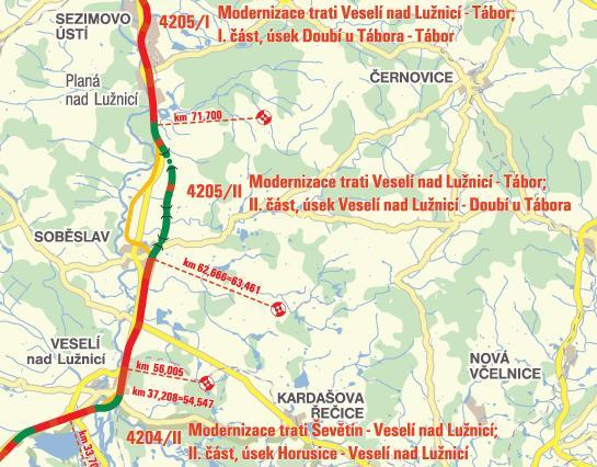 4205 Modernizace trati Veselí nad Lužnicí - Tábor Tato stavba byla opět rozdělena na dvě části, resp. etapy: 4205/II Modernizace trati Veselí nad Lužnicí Tábor, II.