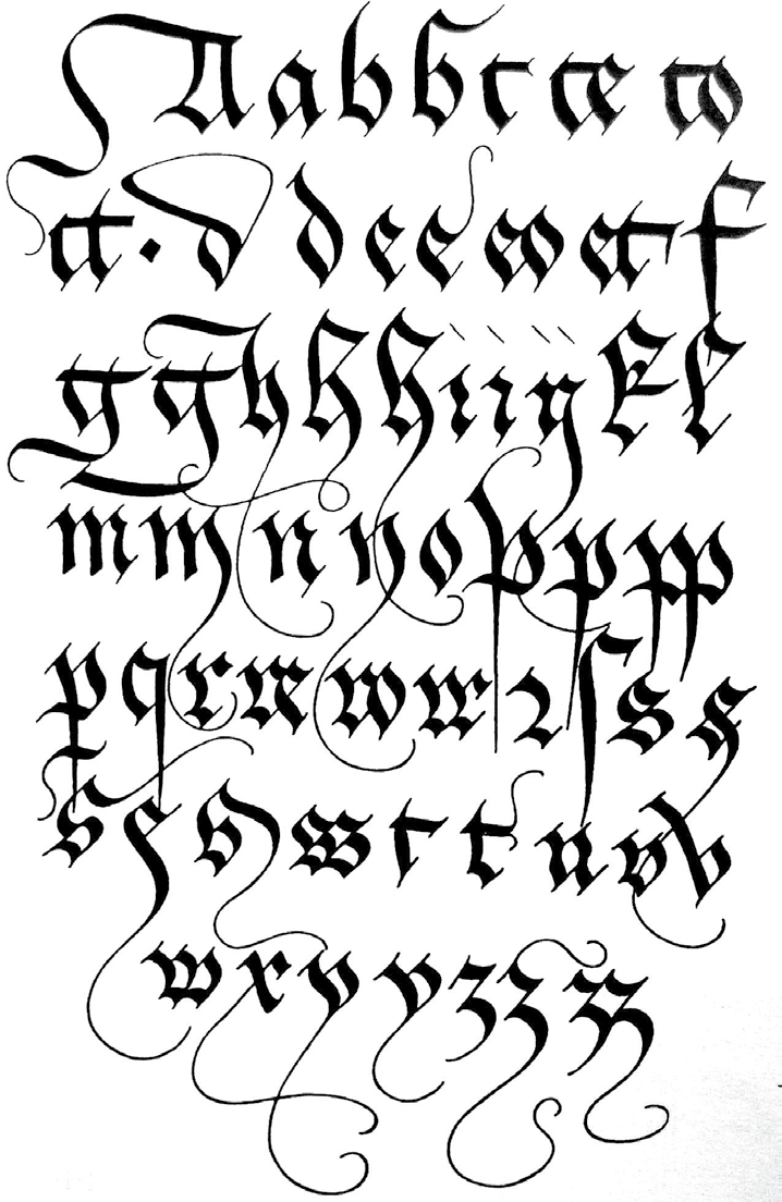 Taktéž odvozuje svůj původ z karolinské minuskuly. Lze rozlišit následné typy kurzívy: bastardní písmo (prosazující se od 14.