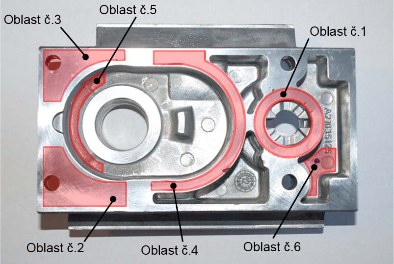 Ty jsou viditelné na povrchu odlitku po jeho obrobení, nebo při rentgenu odlitku. Níže budou uvedena místa na odlitku (jednotlivé oblasti), kde dochází k výskytu vnitřních vad.