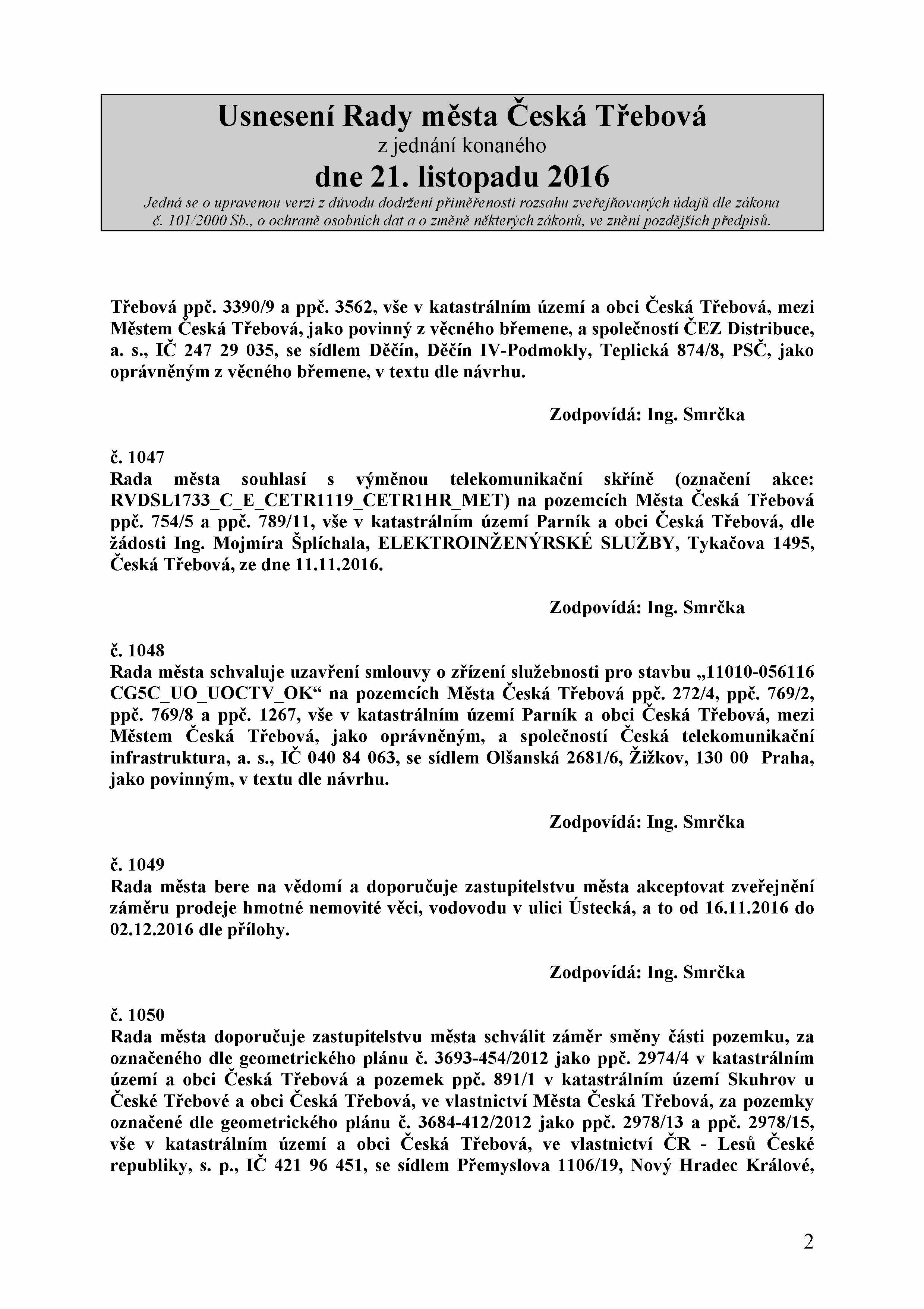 Třebová ppč. 3390/9 a ppč. 3562, vše v katastrálním území a obci Česká Třebová, mezi Městem Česká Třebová, jako povinný z věcného břemene, a sp