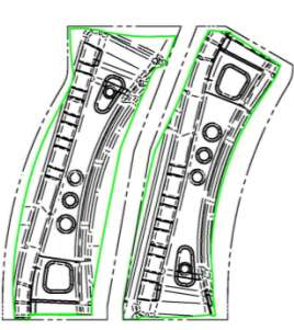 5.6.2 Operace 3 tah Z operace 2 do operace 3 jsou přístřihy přesunuty pomocí transferového podavače v rozsunutí 30mm a založeny mezi zakládací kolíky.